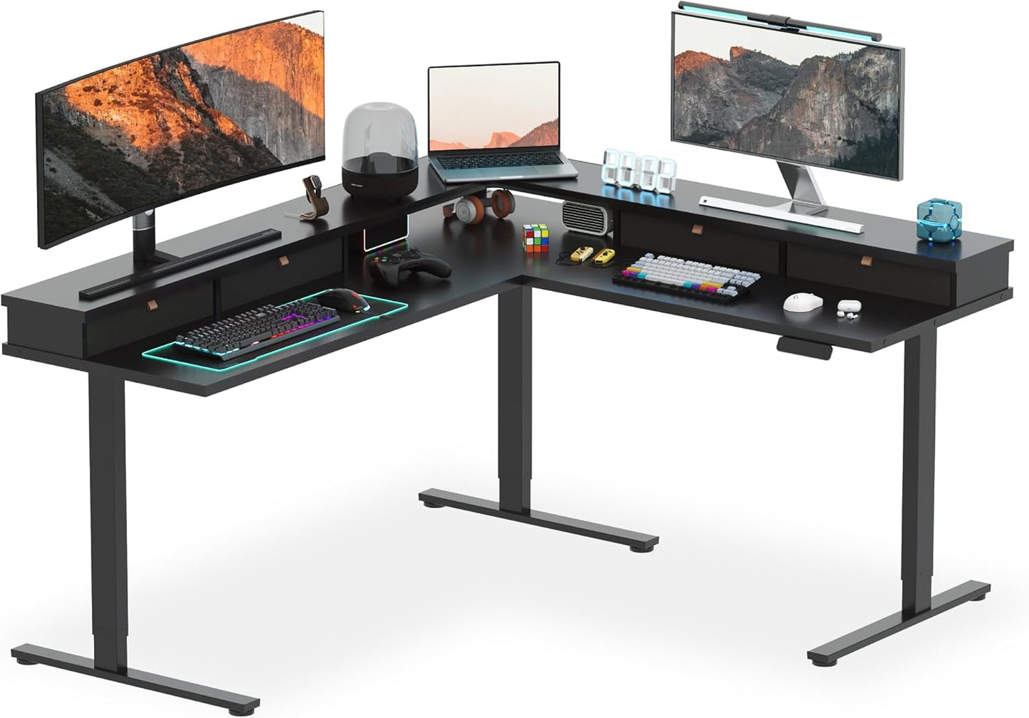 SANODESK 71" L Shaped Standing Desk with 4 Drawers, Height Adjustable Stand up Desk, Corner Gaming Desk with Monitor Stand, White Frame/White Top
