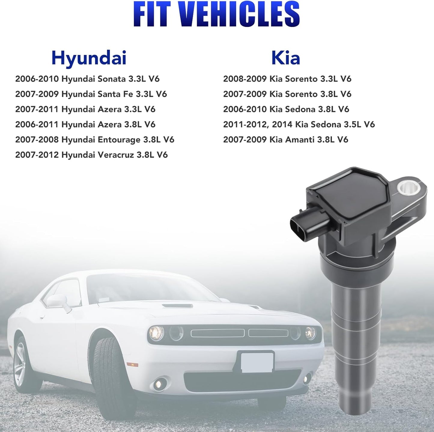 Set of 6 Ignition Coil Pack and Spark Plugs fits for Hyundai Sonata Santa Fe Azera Entourage Veracruz Kia Sorento Sedona Amanti 2006 2007 2008 2009 2010 2011 3.3 3.8 V6 Replaces UF546