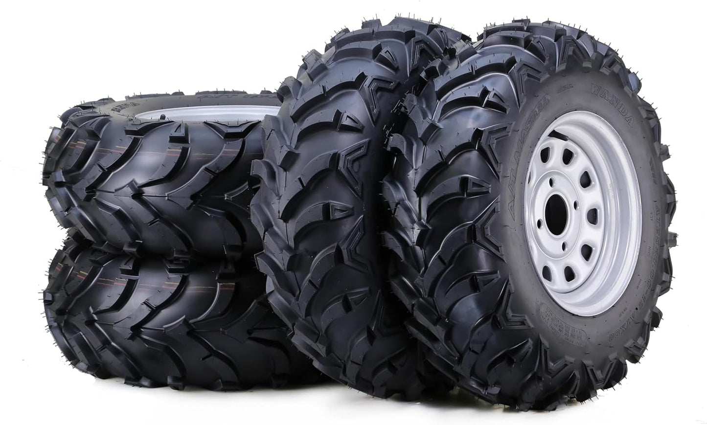 WANDA 25x8-12 Solid Mud ATV Tires and Wheels Assembly with 4-110 PCD 5+2 Silver Rims, SET 2