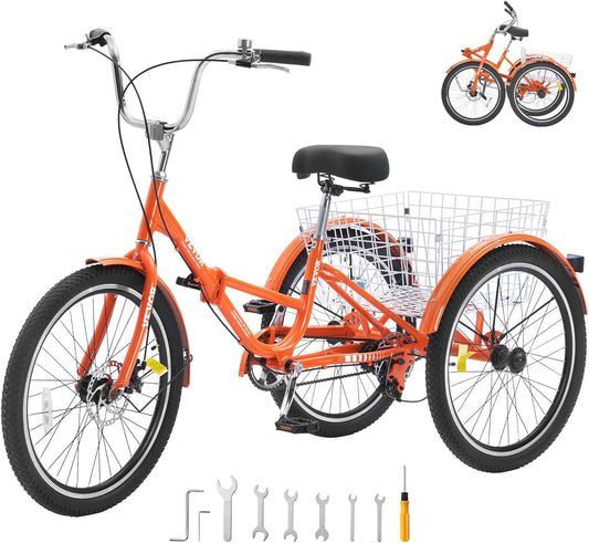 VEVOR Folding Adult Tricycle,Adult Folding Trikes, 3 Wheel Cruiser Bike with Large Basket & Adjustable Seat, Shopping Picnic Foldable Tricycles for Women, Men, Seniors