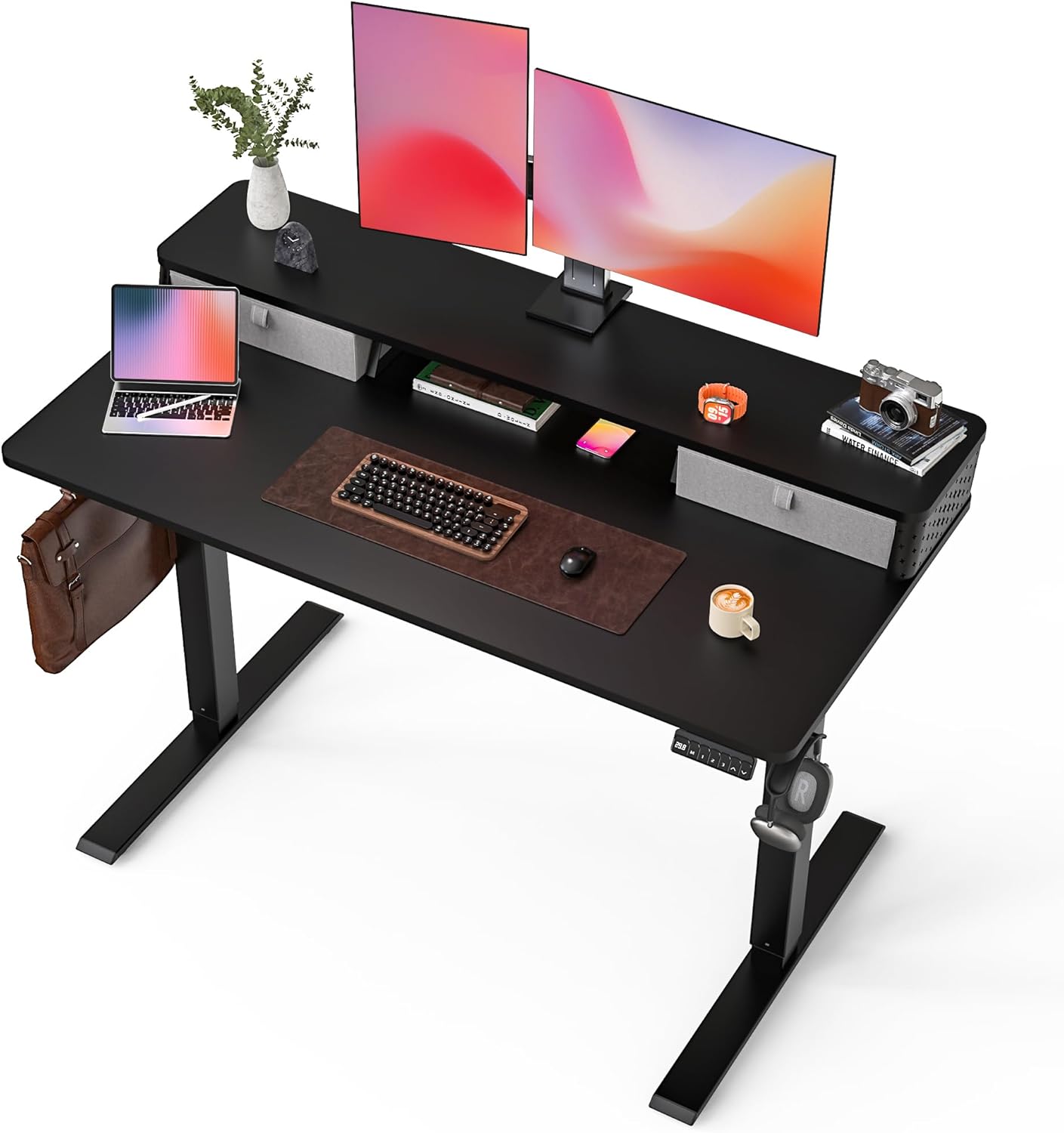 35x20 Inch Standing Desk with Double Drawers, C-Clamp Mount Compatible, Electric Adjustable Height Computer Stand Up Desks, Home Office Sit Stand Table with 3 Preset Heights & 2 Hooks, Black
