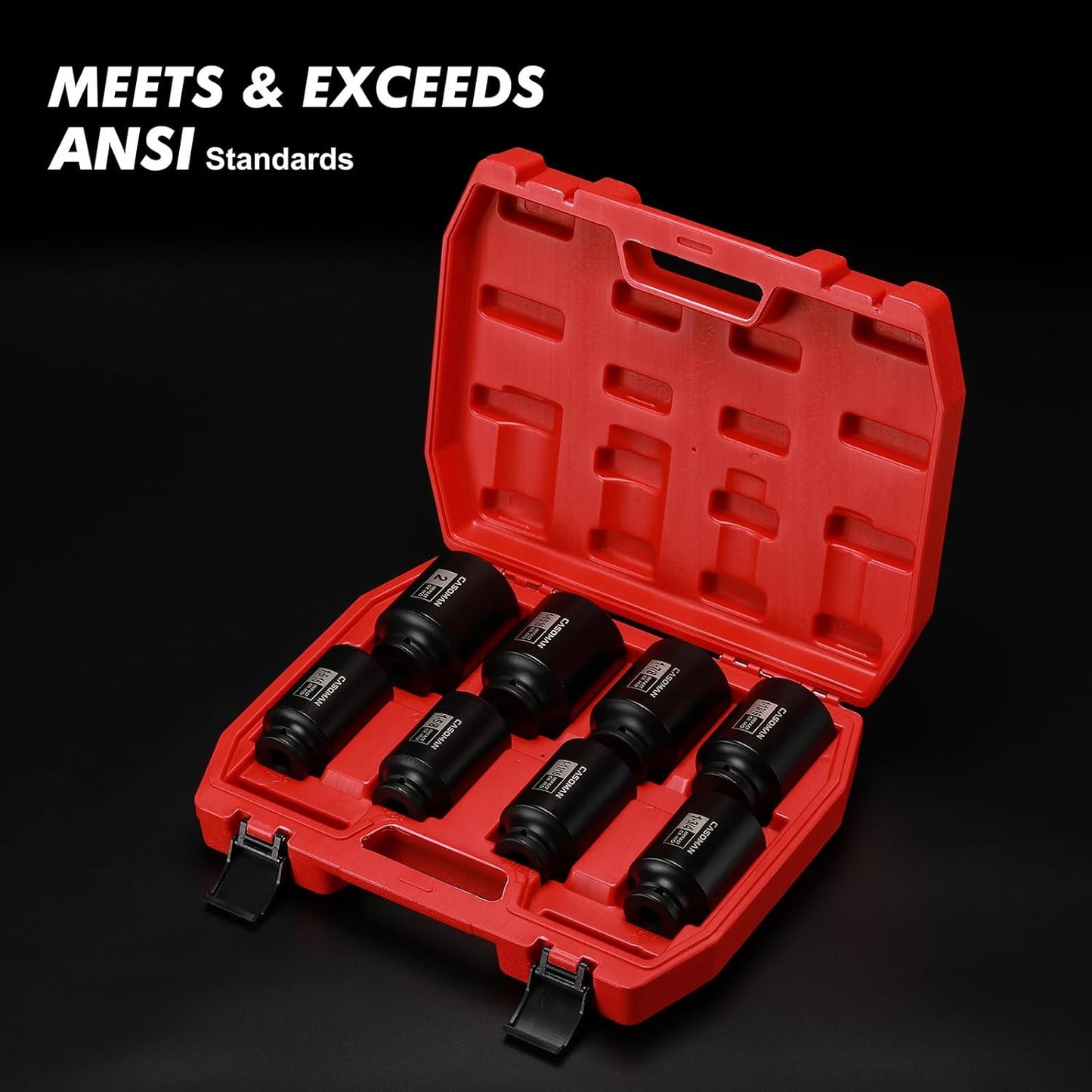 CASOMAN 8PCS 1/2"Dr. Deep Impact Socket Set-SAE, 1-9/16" to 2", 6-Point, Spindle Axle Nut Impact Socket Set, CR-MO, Impact Grade