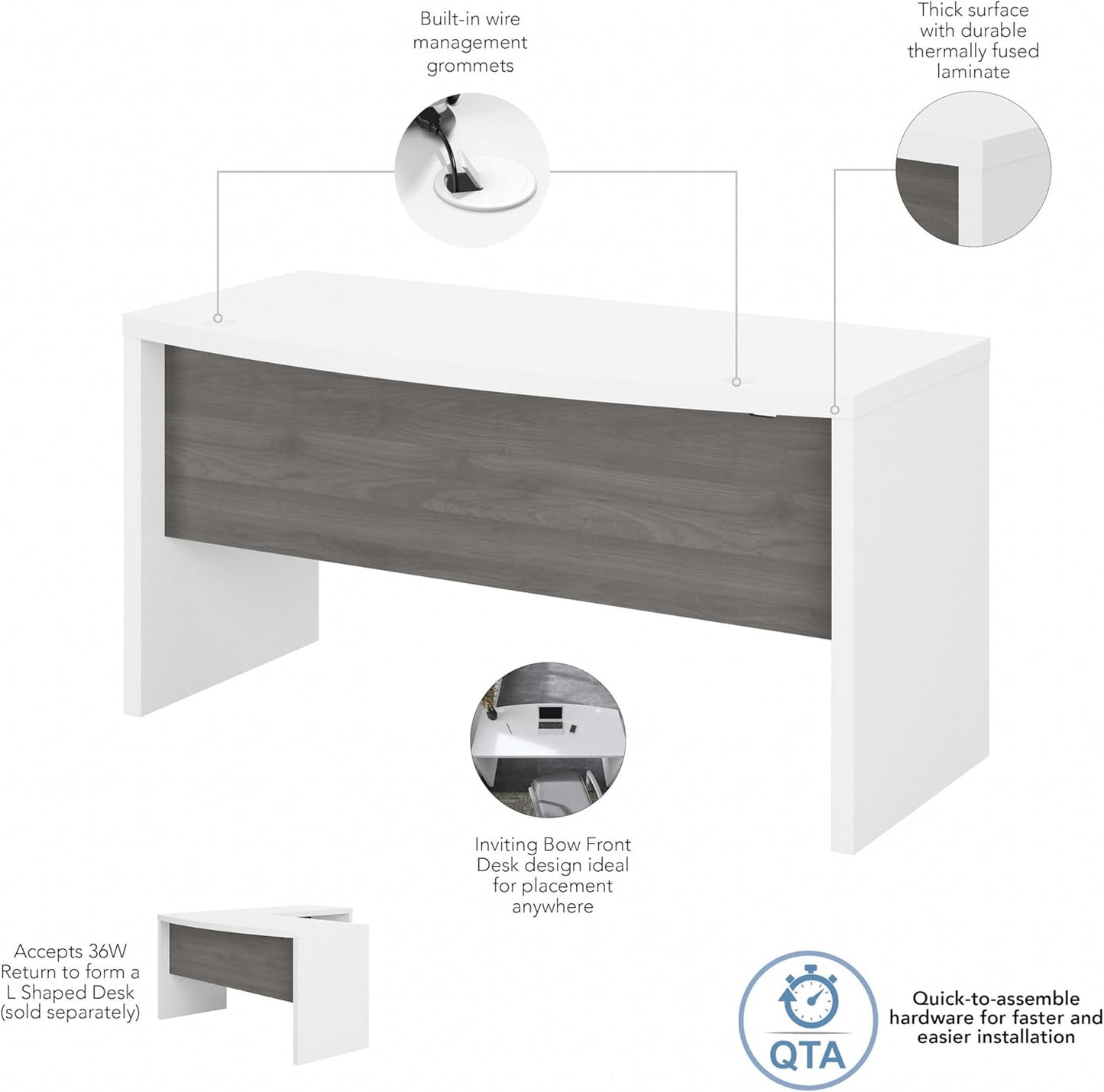 Bush Furniture Bow Front Desk with Wire Management | Echo Collection Office Computer Table for Home Office with Quick-to-Assemble Hardware | 60Wx28Lx30H