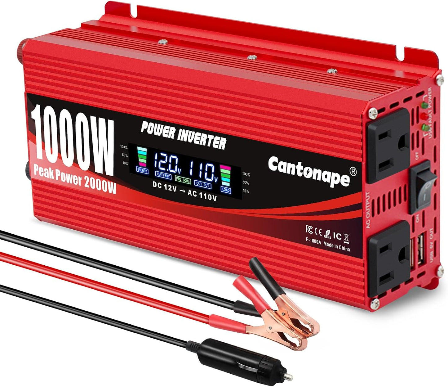 1000 Watt Car Power Inverter DC 12V to 110V/120V AC Converter with LCD Display Dual AC Outlets and Dual USB Car Charger for Car Home Laptop Truck Black