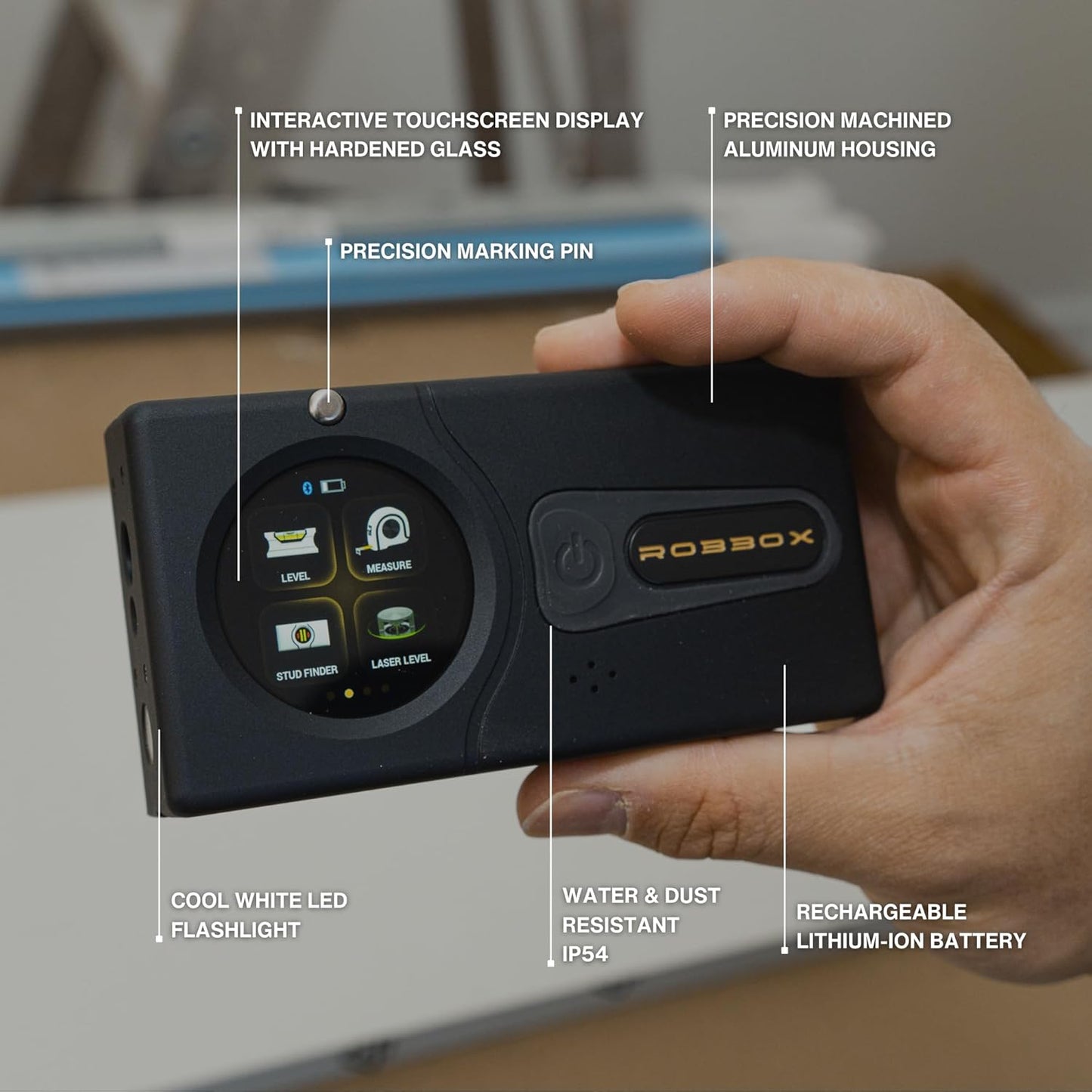 Sennses Pro Device | Dual-Laser Distance Meter | Two-Axis Smart Digital Level | Stud Finder | Precise Measurements w/Smart Features | Dust & Water Resistant IP54 | Robbox App for iOS & Android