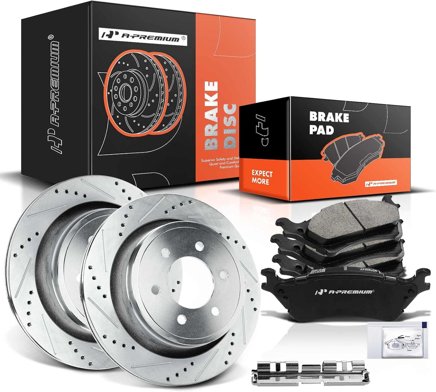 A-Premium 12.13 inch (308mm) Front Drilled and Slotted Disc Brake Rotors + Ceramic Pads Kit Compatible with Select Ford Models - For F-150 1997 1998 1999 2000 2001 2002 2003, 4WD 5-Lug, 6-PC Set