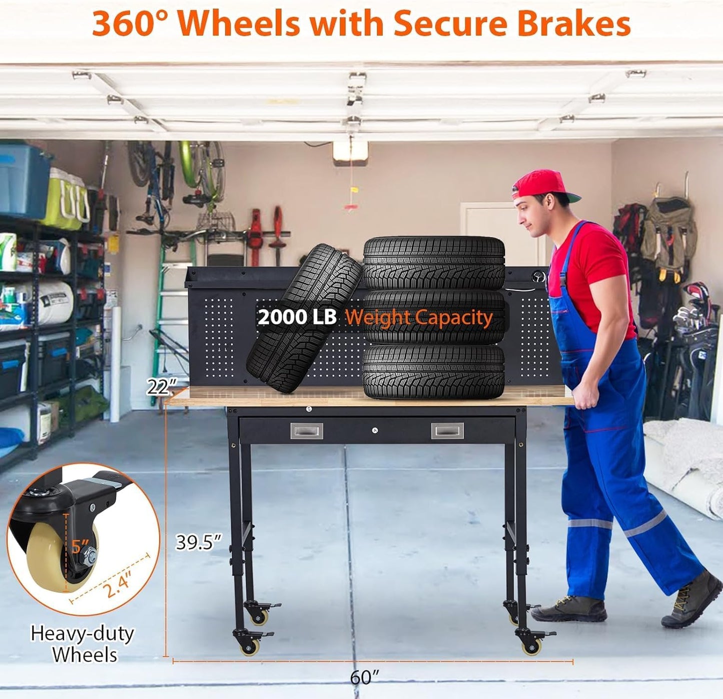 Workbench 60" x 22" Adjustable Height Worktable, Heavy Duty Rubber Wood Top, 2000 LBS Load Capacity, Tool Storage Workstation with Drawer, Pegboard, Power Outlets & Lockable Wheels, with Drawer Back