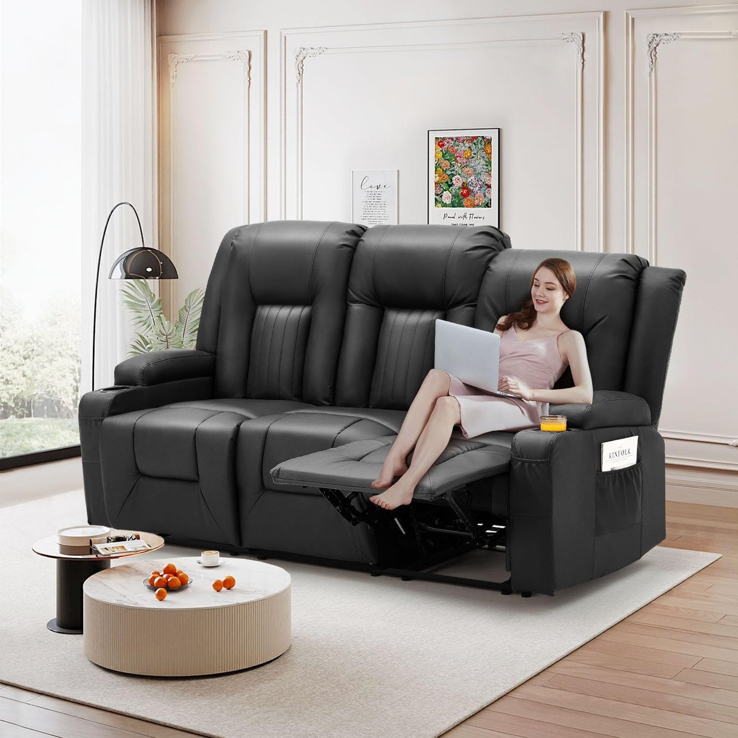 YODOLLA Massage Manual Recliner Chair with Heat, Leather Rocking Swivel Chair Lazy Boy Recliner Chair w/ 2 Side Pockages, 2 Cup Holders for Living Room, RV, Cream White