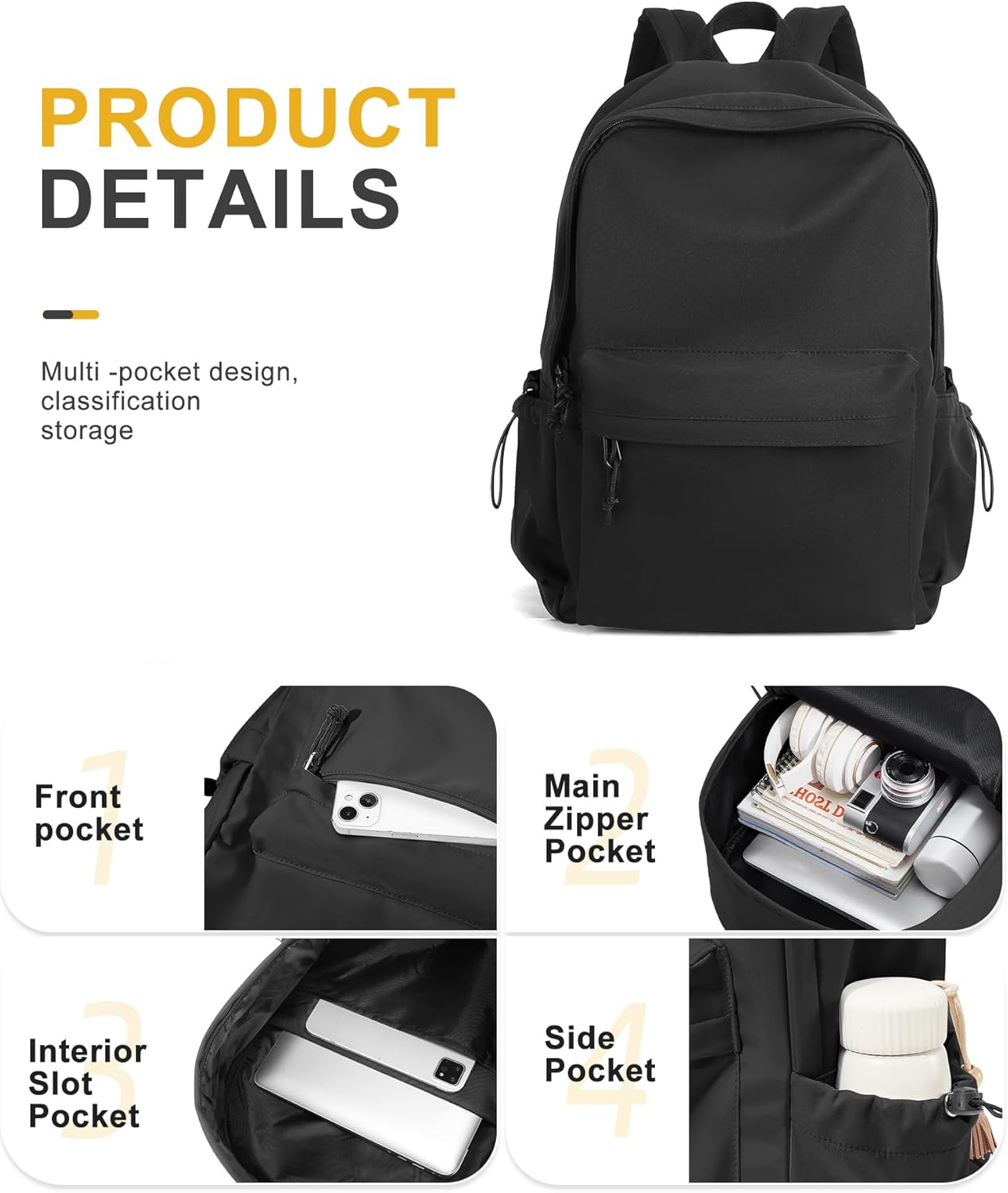 VECAVE School Backpack Black Waterproof Bookbag Casual Lightweight Travel Rucksack Daypack Backpacks for Men Women College High School Bags backpack for Boys Girls Teens