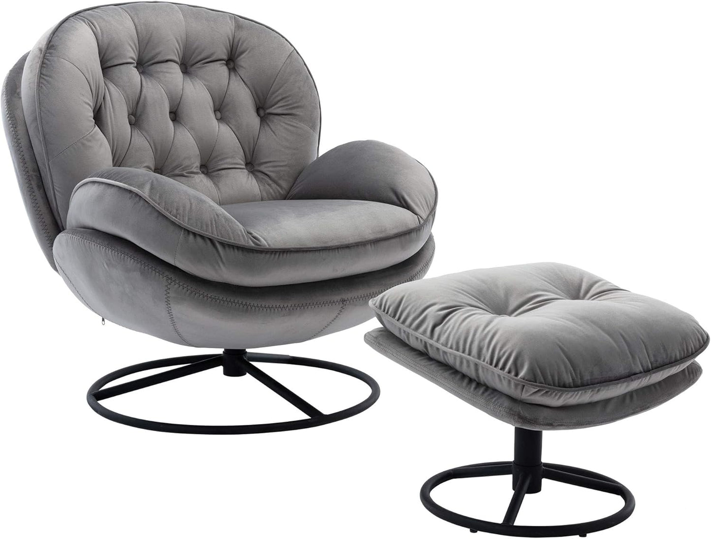 Velvet Cozy Chaise Lounge Indoor, Oversized Swivel Reading Chair with Footrest, Accent Chair with Ottoman Set for Living Room, Bedroom, Reading Room, Home Office, Metal Base Frame (Beige)