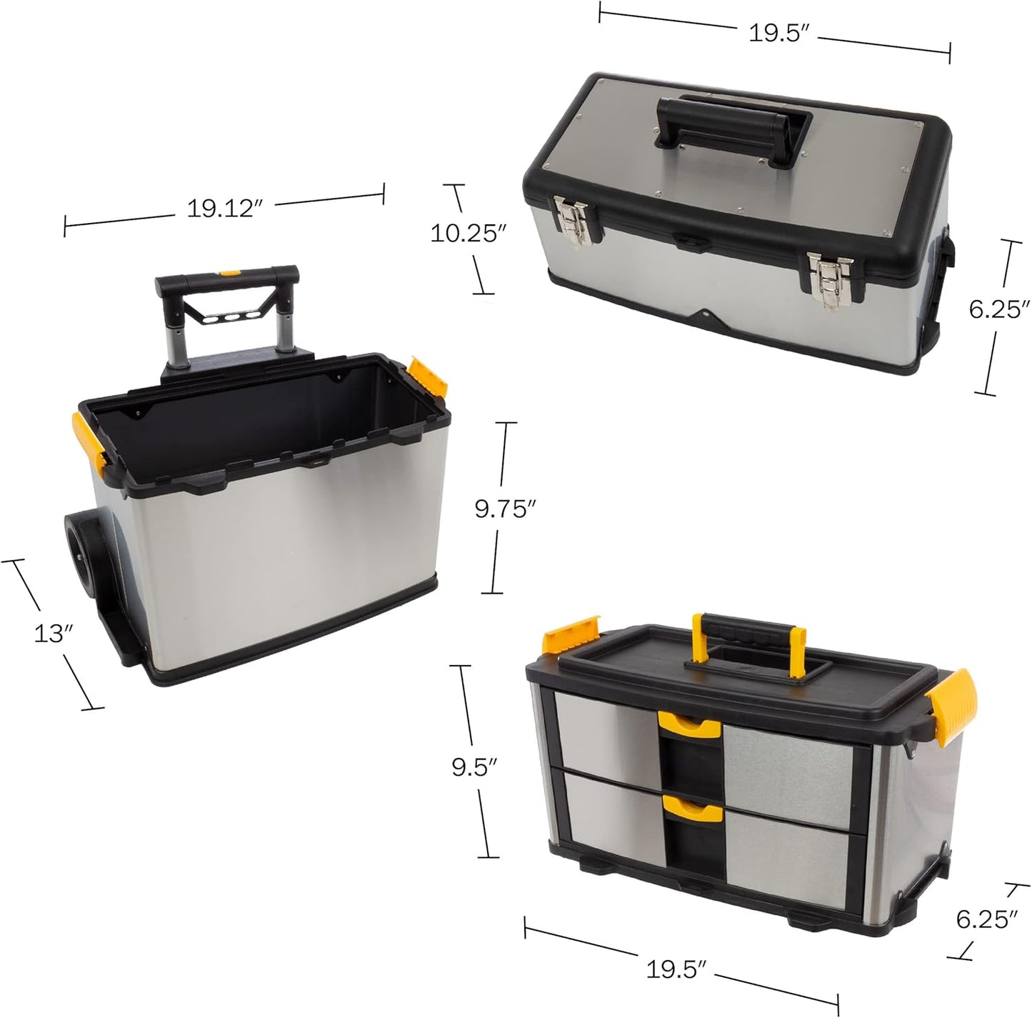 3-Part Portable Tool Box - Stainless-Steel Drawer Organizer with Wheels, Extendable Handle and Tough Latches - Rolling Tool Chest by Stalwart (Silver)