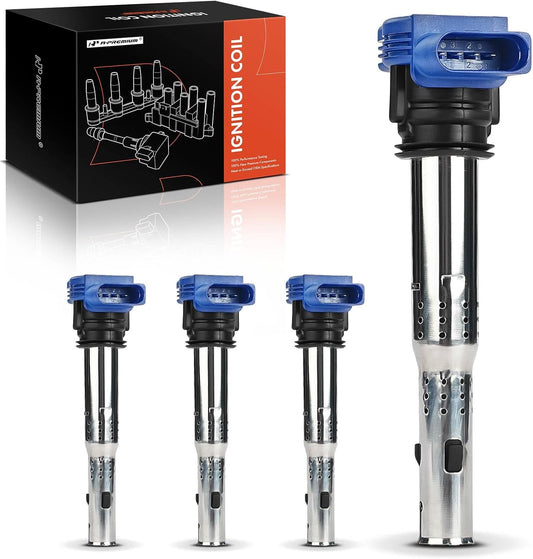 A-Premium (Blue) Engine Ignition Coil Pack Compatible with Volkswagen Jetta, Passat, Golf, Tiguan, Beetle, CC, Eos, GTI, Golf R, Passat CC, Tiguan Limited & Audi A4, Q5, A5 & Lamborghini, 4-PC Set