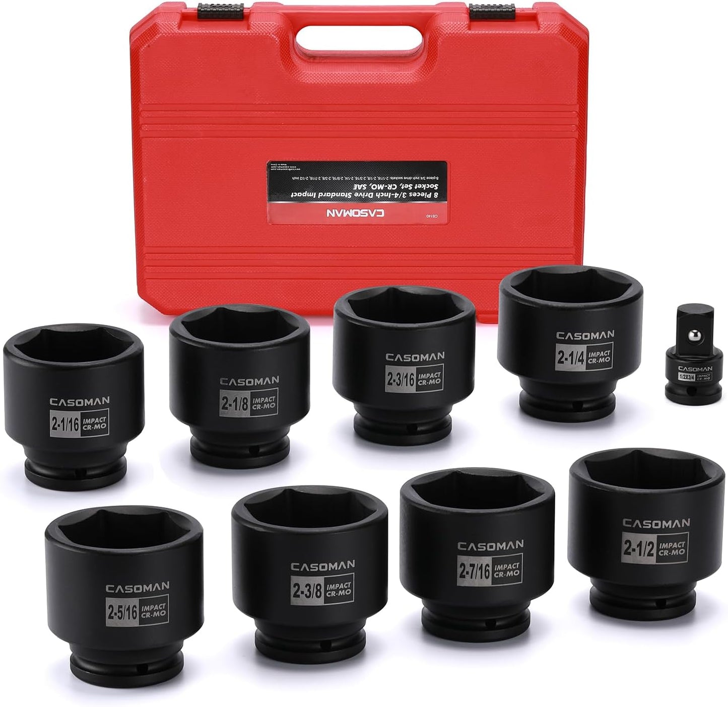 CASOMAN 9PCS 3/4" Drive Spindle Axle Nut Impact Socket Set, Include 1/2" to 3/4" Adapter, 6 Point, CR-MO, 2-1/16" to 2-1/2", Large Socket Set, Heavy Duty Use In Removing And Installing Axle Nuts