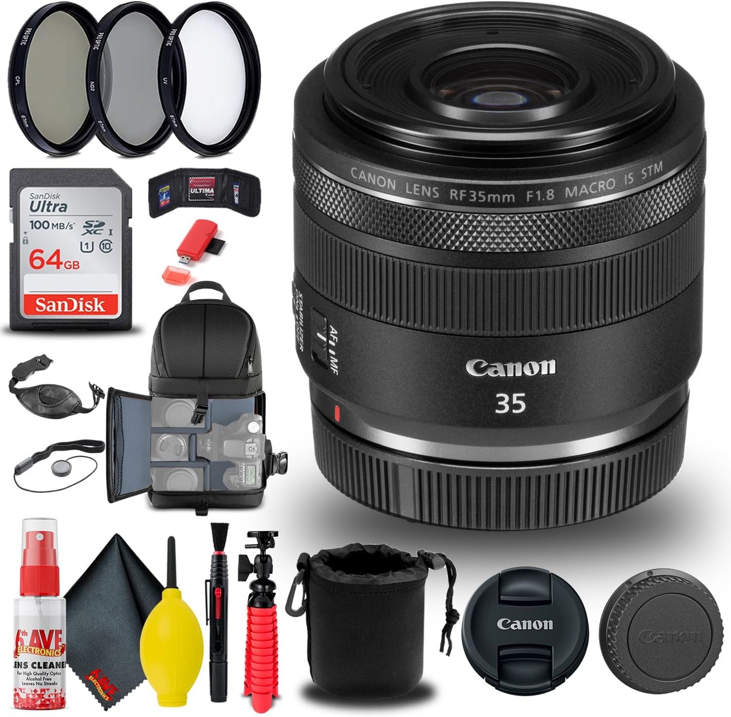 Canon RF 35mm f/1.8 is Macro STM Lens (2973C002) + Filter Kit + Backpack + 64GB Card + Lens Pouch + Card Reader + Flex Tripod + Memory Wallet + Cap Keeper + Cleaning Kit + Hand Strap + More (Renewed)