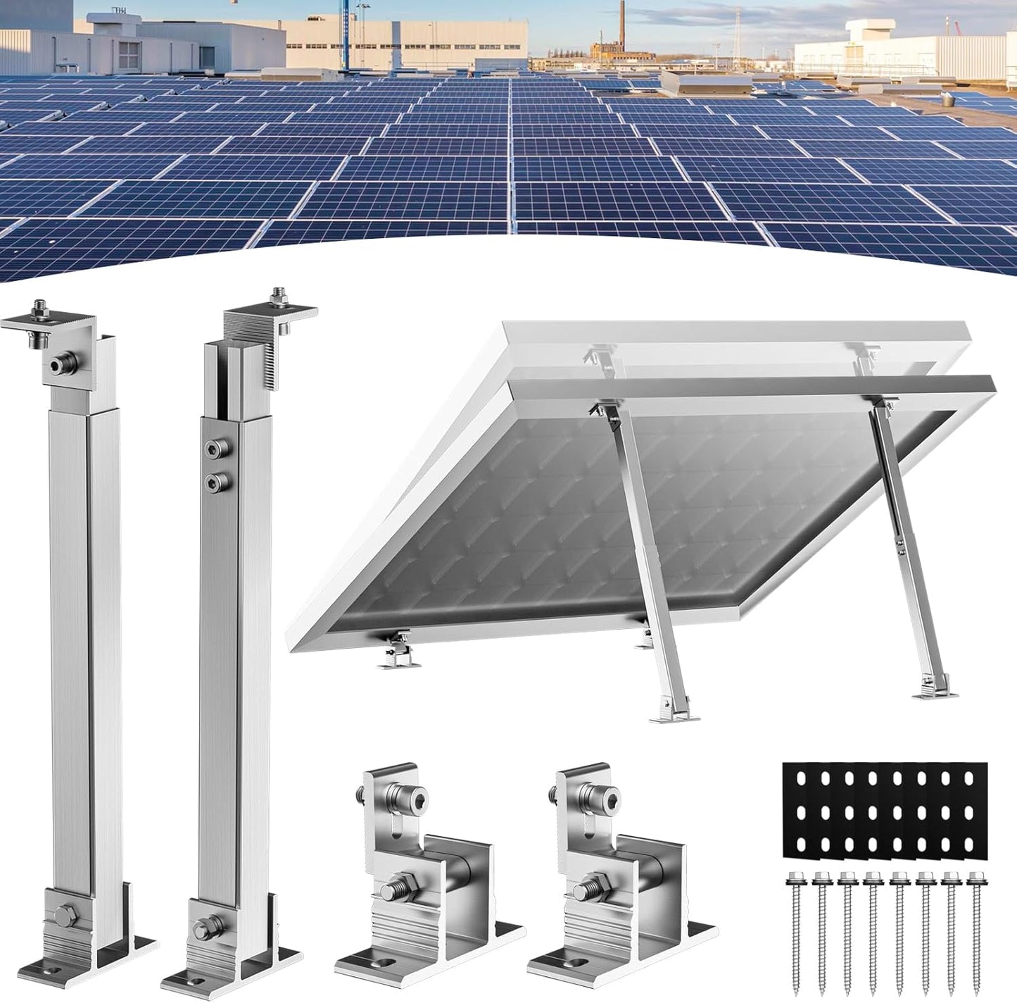 2 Set Adjustable Solar Panel Tilt Mount Brackets Aluminum Alloy Mounting Bracket Stand Systems Support 50W 70W 100W 150W 200W 300W 400W Panels for Roof/Boat/Flat Surface