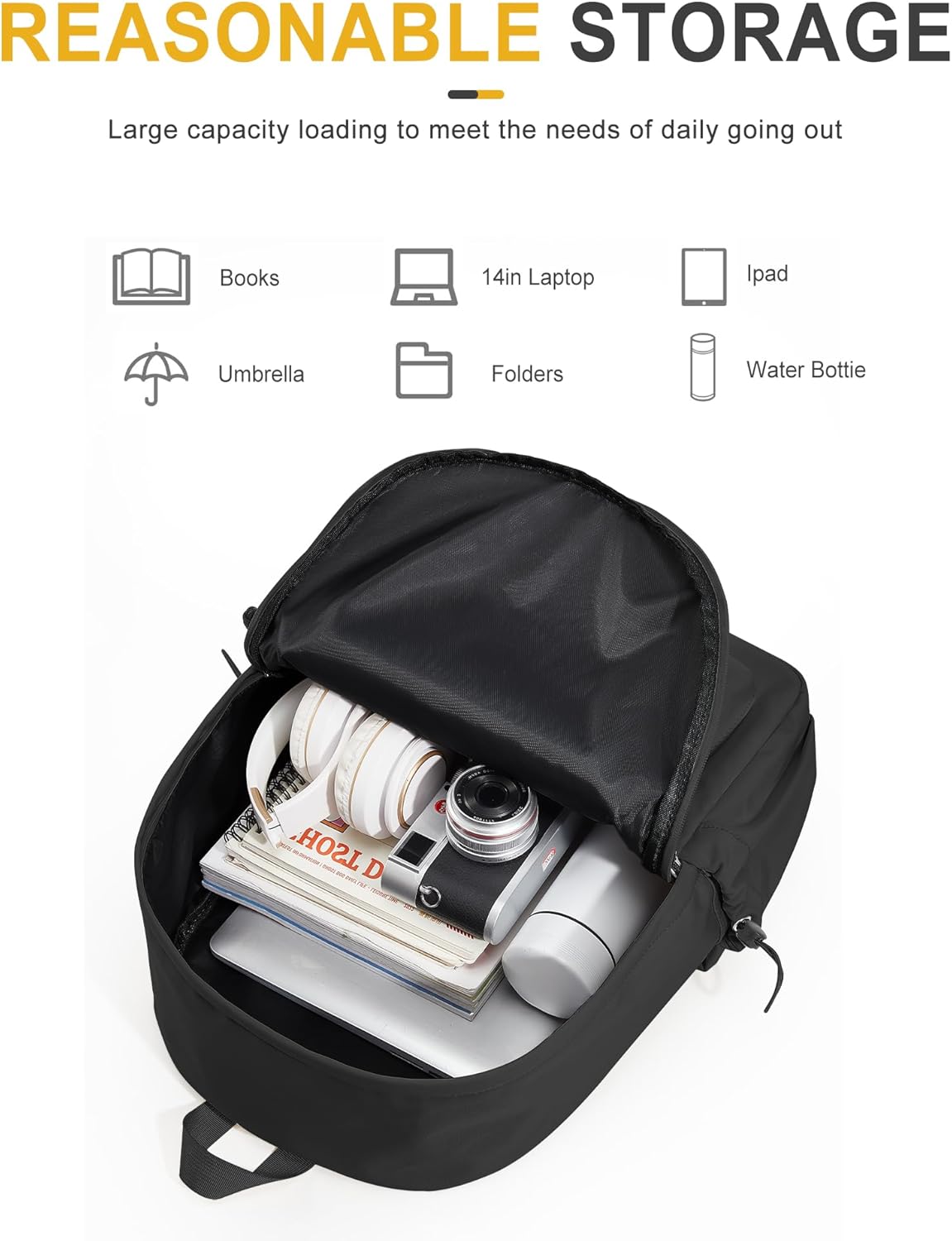 VECAVE School Backpack Black Waterproof Bookbag Casual Lightweight Travel Rucksack Daypack Backpacks for Men Women College High School Bags backpack for Boys Girls Teens