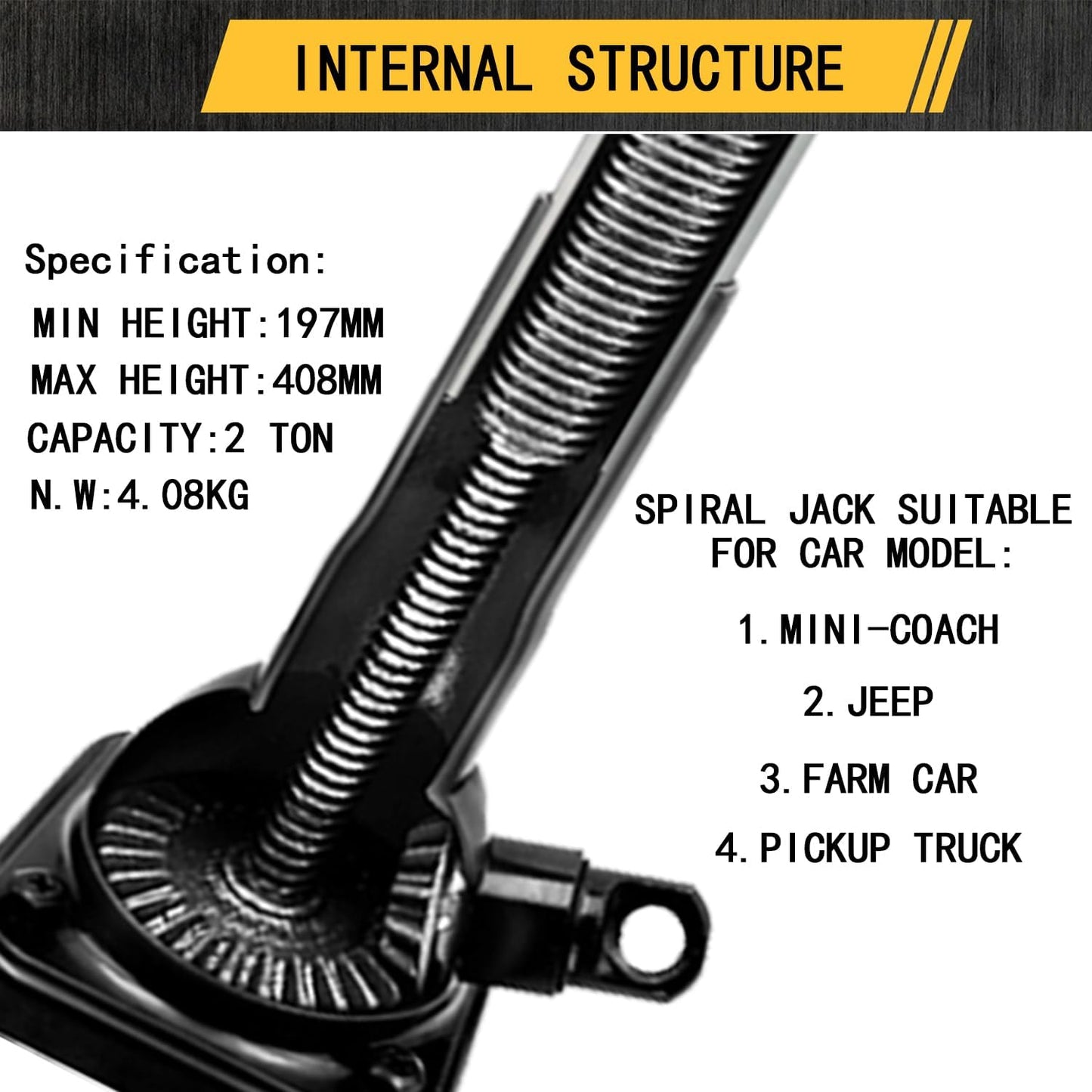 Car Jack 2 Ton (4,000 lb) Capacity Spiral Jack for Pickup Truck, Screw Jacks for Car Lift or Jack Stands, Tire Jack Fit for Ford F150 Truck Chevy Silverado Dodge Ram 1500 (Black)