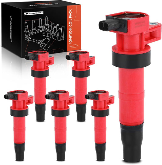 A-Premium (Red) Engine Ignition Coil Pack Compatible with Hyundai Sonata, Santa Fe, Azera, Veracruz, Entourage, Genesis, Genesis Coupe & Kia Sorento, Sedona, Cadenza, Borrego, Amanti, 6-PC Set