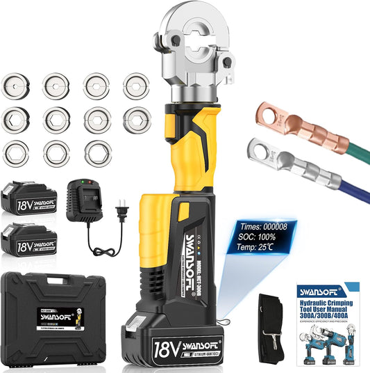 SWANSOFT Electric Hydraulic Crimping Tool,6Ton 6AWG-600MCM Rechargeable Hydraulic Crimper for Cu/Al Terminal, Crimp 20000 Times Wire Cable Lug Crimping Tool Kit (300B-Yellow)