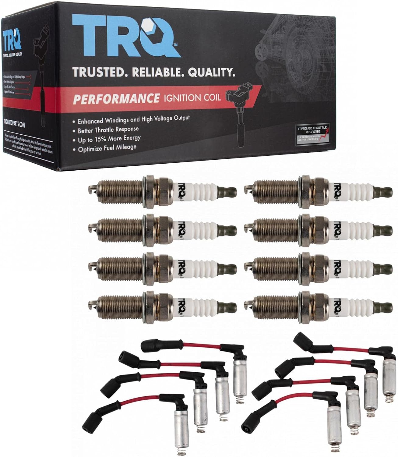 TRQ Performance Ignition Kit Spark Plugs Wire Set Red Compatible with 02-06 Cadillac 97-07 Chevrolet 99-07 GMC 03-07 Hummer 99-02 Pontiac