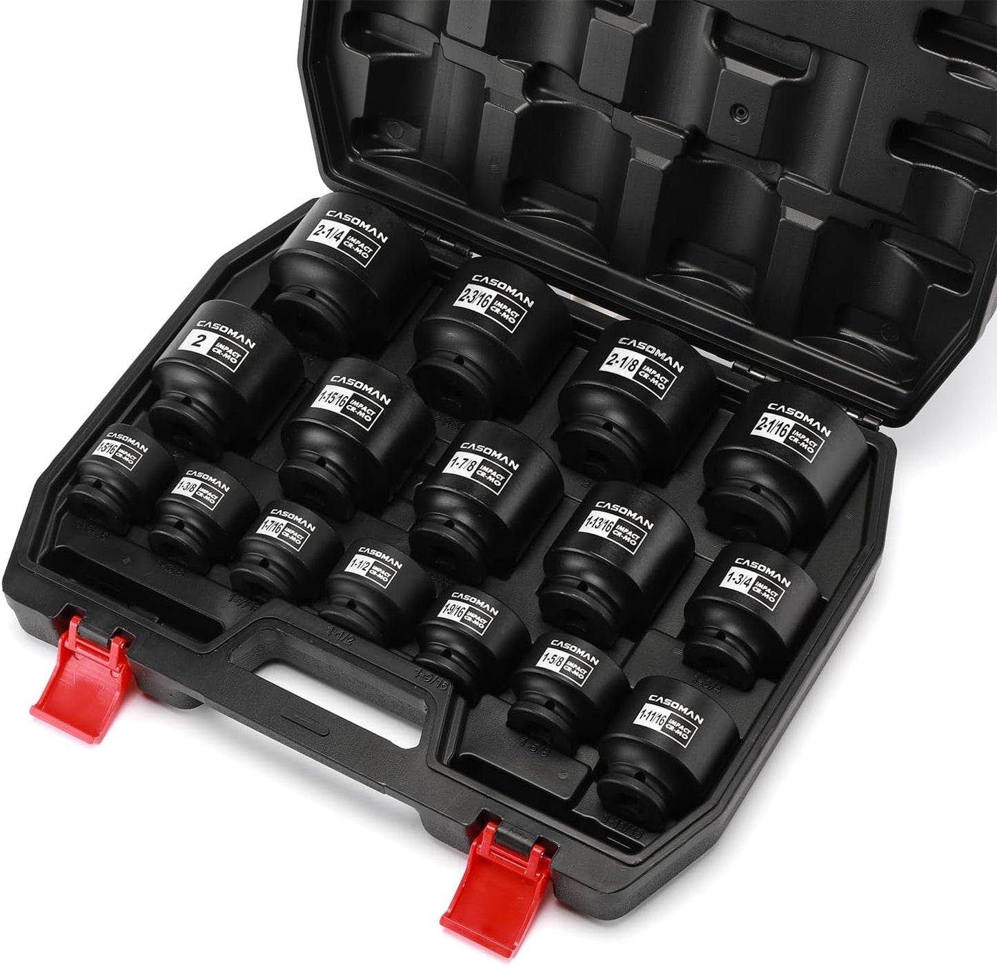 CASOMAN 16PCS 1/2" Drive Shallow Spindle Axle Nut Impact Socket Set, 6-Point, Large Socket Set, SAE(1-5/16" to 2-1/4"), CR-MO