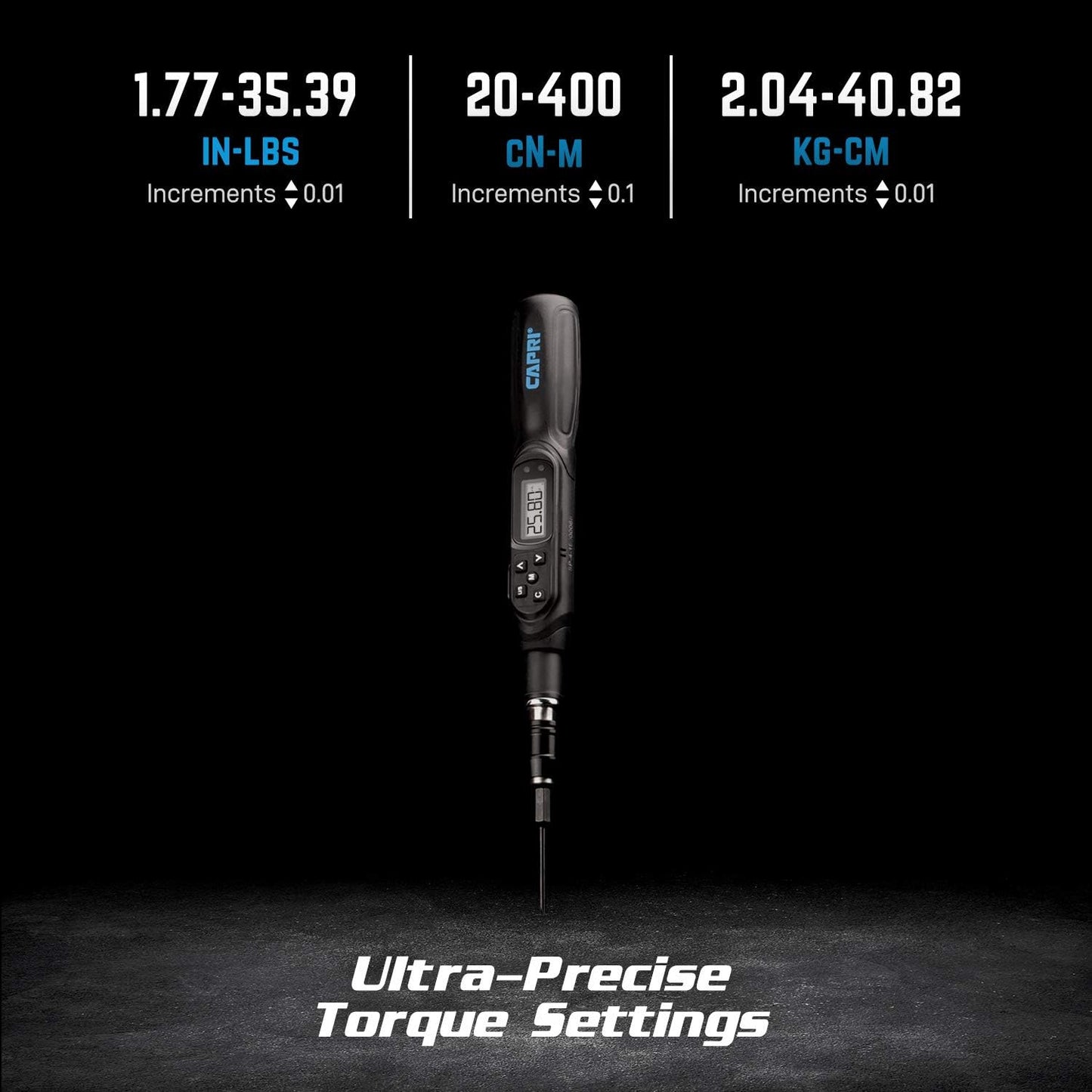 Capri Tools Digital Torque Screwdriver, Dual Direction, 1.77-35.39 in. lbs./20-400 cNm/2.04-40.82 kg-cm, 26000