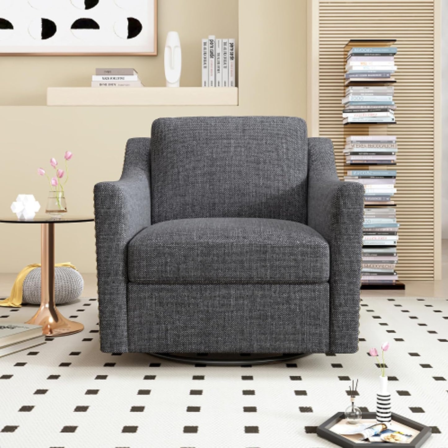 360 Degree Swivel Armchair Brass Nail Decorative Armchair Living Room Chairs Bedroom Chairs Living Room Chairs Suitable for Indoor Homes (Cotton Linen-Foam,BlackGray)