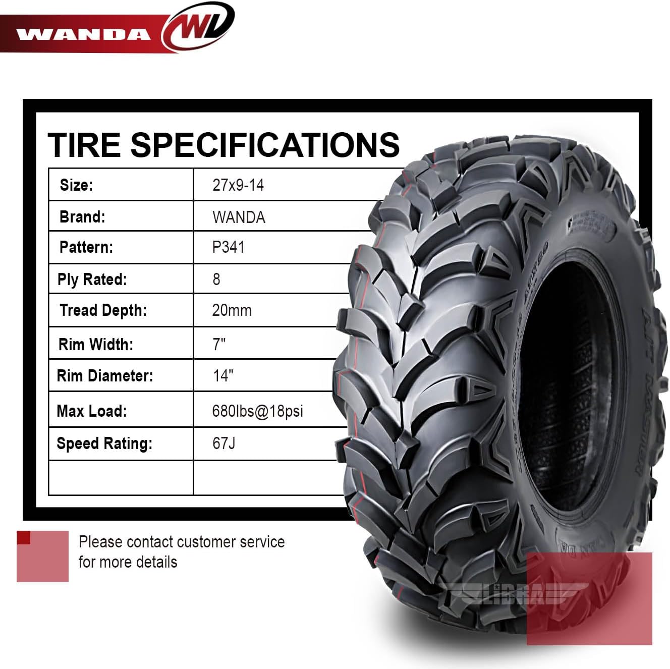 WANDA (Set 2) UTV ATV Tires 27x9-14 27x9x14 8-Ply Solid Mud 20mm tread