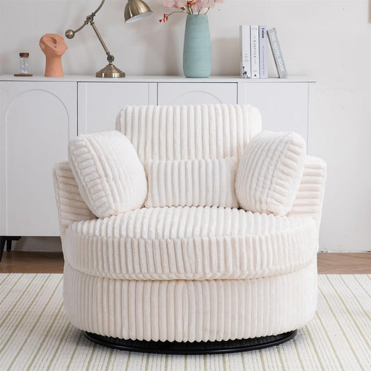 Swivel Barrel Chair with Pillows and Cushions,Corduroy Round Chair with Metal Base for Living Room (White)