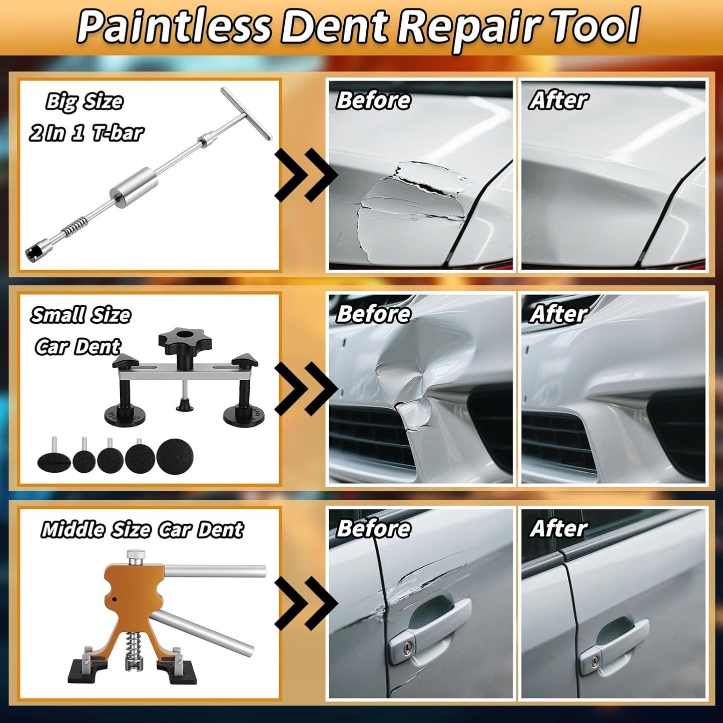 161Pcs Car Dent Puller Kit, Body Repair Tools Paintless Dent Removal Tool with Adjustable Dent Lifter & Bridge Puller, Hail Damage Repair Kit for Car Refrigerator Door Ding - Gold