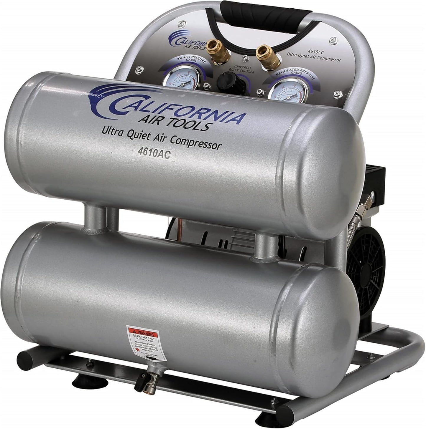 California Air Tools 4610ALFC 1.0 HP Ultra Quiet and Oil-Free Air Compressor, 4.6 Gallon Aluminum Twin Tank, 60 dBA Noise Level, Lightweight, Portable, Industrial Series, Silver