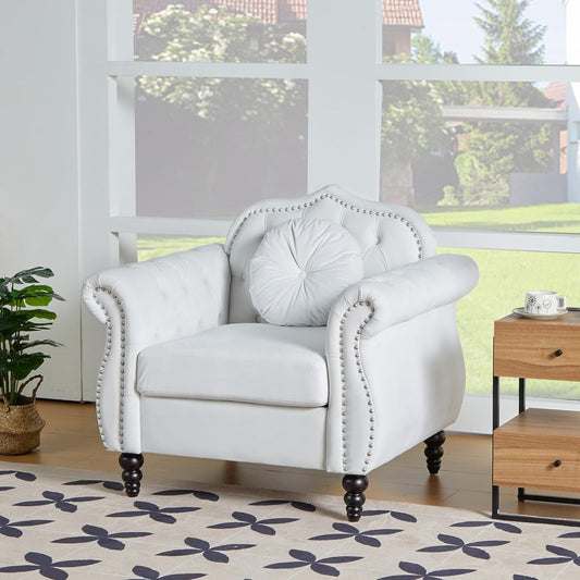 AVZEAR Modern Upholstered Accent Chair, Mid-Century Modern Armchair Single Sofa Chair, Tufted Lounge Reading Chair with Pillow for Living Room, Bedroom, Office (White)