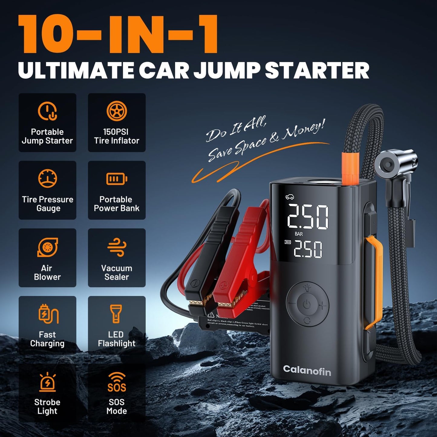 10-in-1 Jump Starter with Air Compressor, 5000A Portable Car Battery Booster for 10.0L Gas/8.0L Diesel, 150PSI Tire Inflator, Vacuum, Blower, Power Bank, LED Light, LCD Display, 12V Jump Box