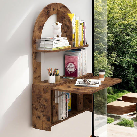 Wall Mounted Drop-Leaf Table, Floating Laptop Desk, Folding Table with Shelves, Multifunctional Computer Workstation Storage Compartments in Home Office for Space Saving (Rustic Brown)