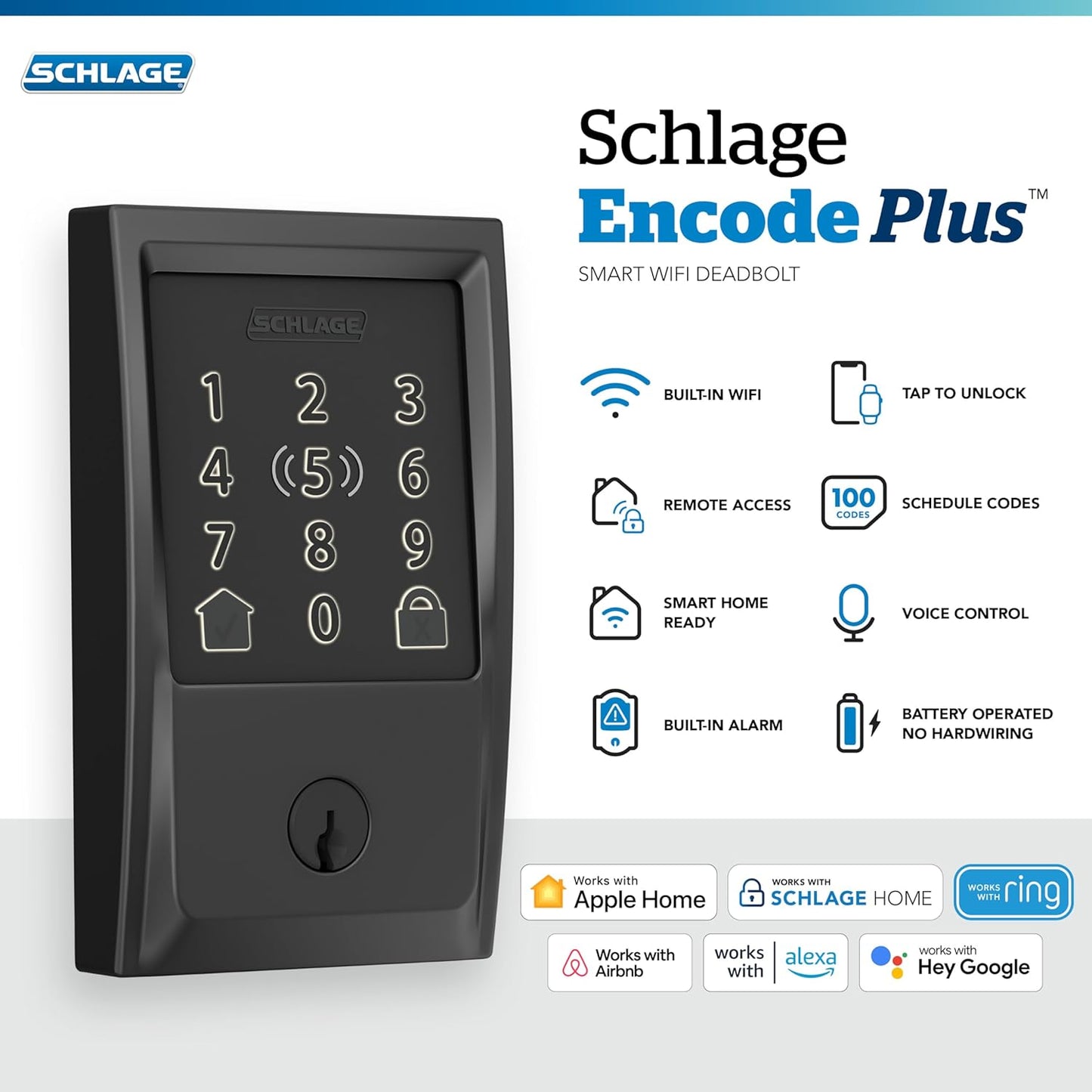 Schlage Encode Plus Smart Wi-Fi Lock for Front Door, Keyless Entry Deadbolt, Unlock with Apple Watch, Built-in WiFi and App Control, Easy Install, Alexa & Apple HomeKit Compatible, Matte Black