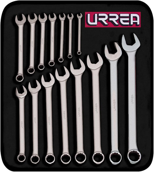 Urrea 12 Pt. Combination Wrench Set - 14Piece (5/16" - 1-1/4") Professional Grade Tool Kit with Canvas Tool-Roll & Satin Finish - 1200FA