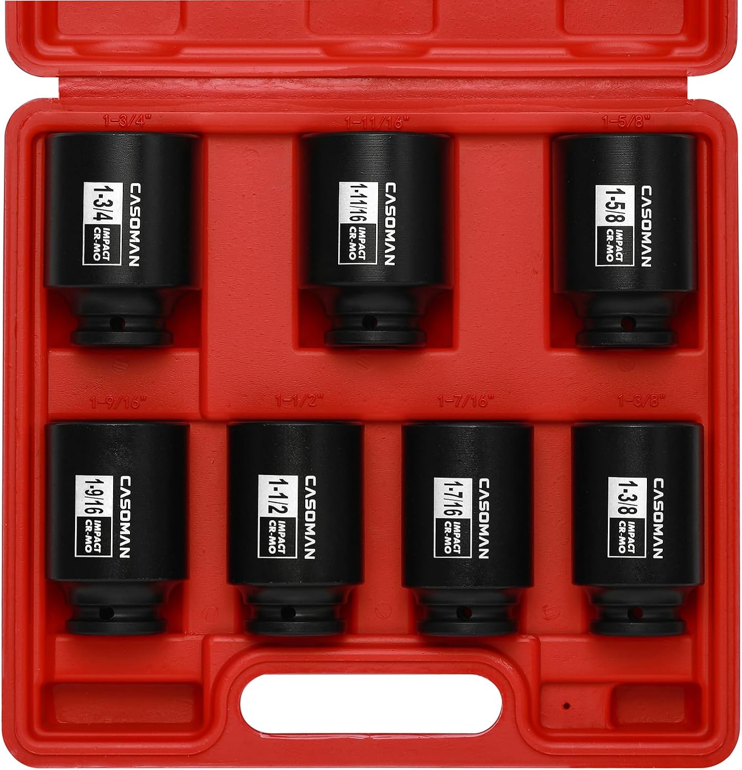 CASOMAN 11PCS 1/2-Inch Drive Large Impact Socket Set, 6 Point, 1-3/8-Inch to 2-Inch, SAE Spindle Axle Nut Impact Socket Set, CR-MO