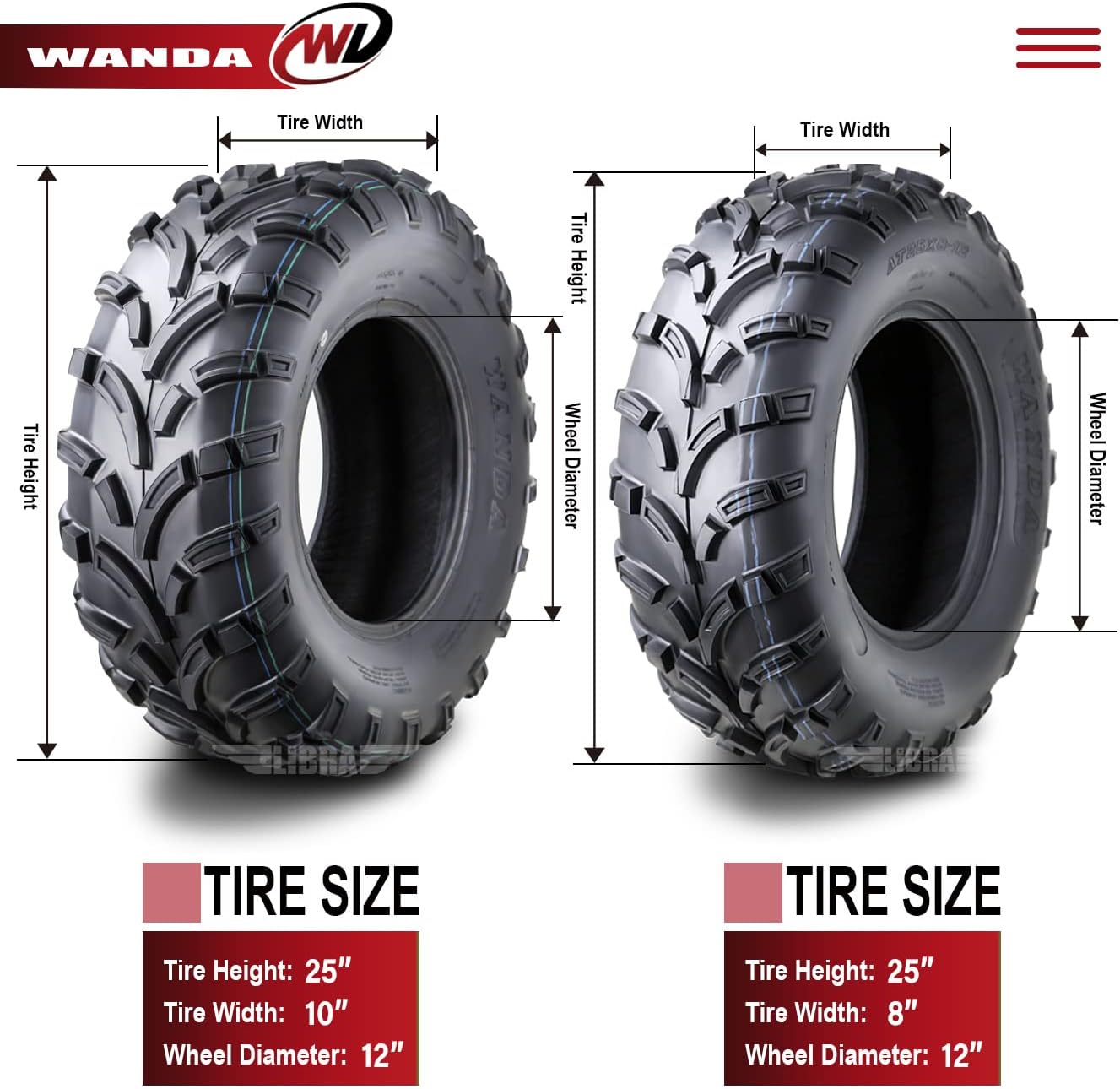 WANDA ATV Tire Set 25x8-12 25x10-12 lite Mud fit 14-20 Honda PIONEER 700