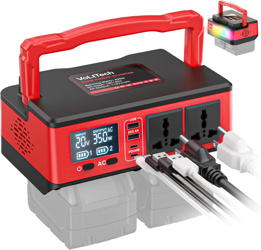 350W Power Inverter Compatible with Milwaukee: VoLtTech Portable Battery Adapter Phone Charger DC 18V to AC 110V Camping Essentials with 2 USB-A & 2 Type-C & 2 AC & 7 Colors RGB Light (No Battery)