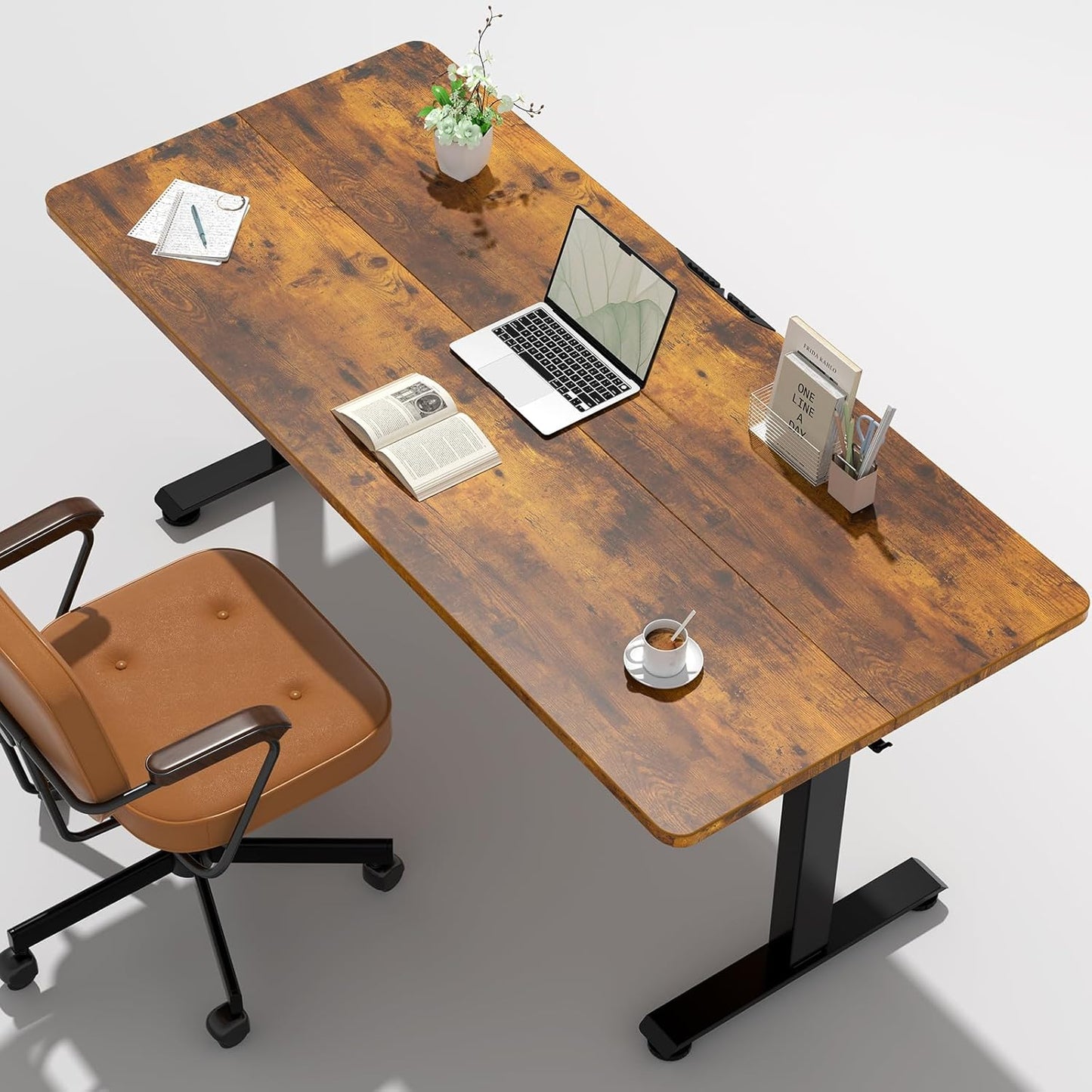 Veken 47.2" Standing Desk, Adjustable Height Office Desk with Wood Desktop, Computer Table for Home Work, Study and Gaming, Small Spaces, Modern Furniture，Brown