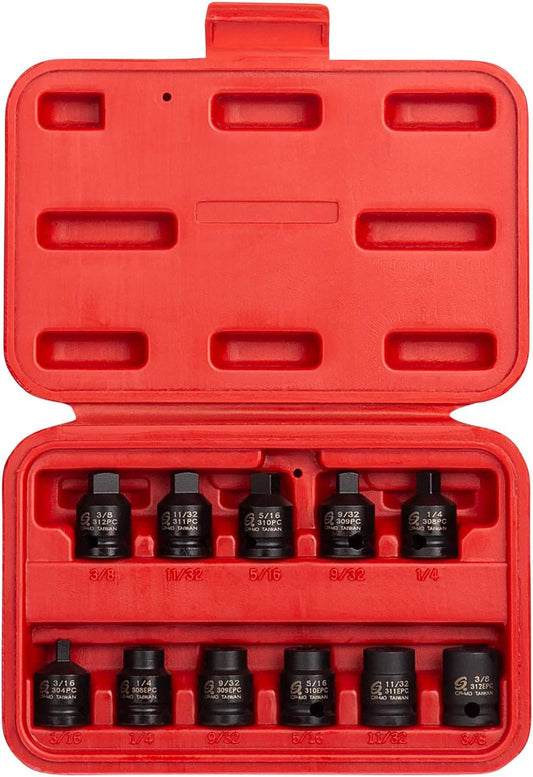 SUNEX TOOLS 3841, 3/8 Inch Drive Pipe Plug Socket Set, 11-Piece, SAE, 7/16" - 5/8", Cr-Mo Steel, Tapered Male Square Drive, Chamfered Female Square Drive, Heavy Duty Storage
