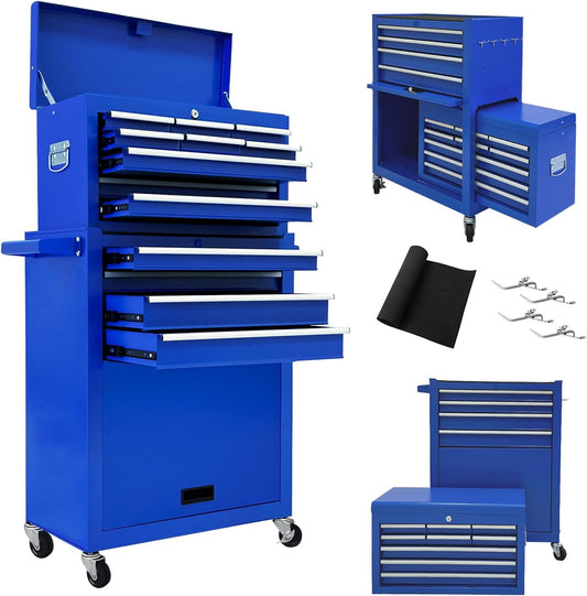 13 Drawer Rolling Tool Chest with Wheels, 2 in 1 Detachable Tool Chest with Drawers, Large Tool Box with Lock, Metal Tool Cabinet for Garage Workshop(Red)