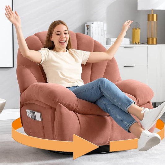 Swivel Rocker Recliner Chair for Living Room – 360° Silent Rotation, Adjustable Backrest 110°-150°, Soft Fabric, Shell Backrest, Large Side Pockets, 330lbs Capacity (Regular Model, Pink)