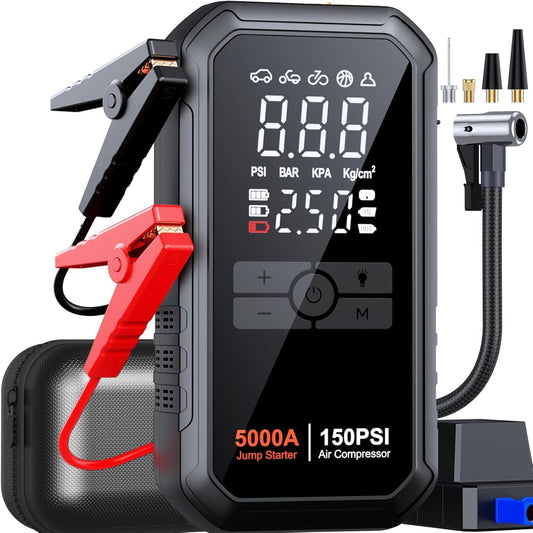 10-in-1 Jump Starter with Air Compressor 5000A 26800mAh 150PSI Portable Car Battery Jump Starter (All Gas/12L Diesel), 12V Jump Box Car Battery Jumper Starter Portable Jumper Cables, Lights