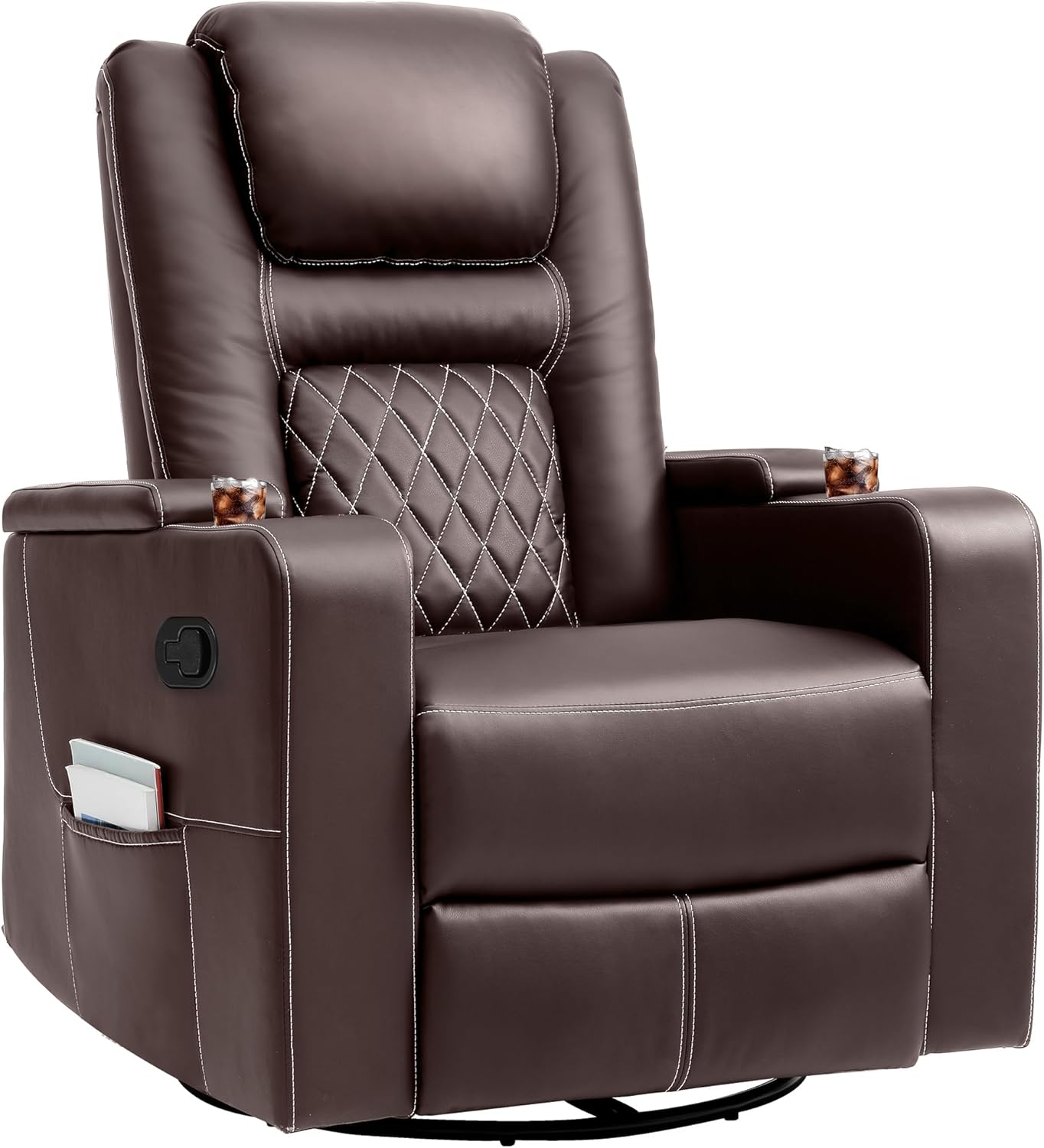 YITAHOME Swivel Rocking Recliner with Massage and Heat, Hidden Arm Storage, Faux Leather Rocker Recliner Chairs with Cup Holders, Comfy Home Theater Seating, Manual Recliner for Living Room, Beige2