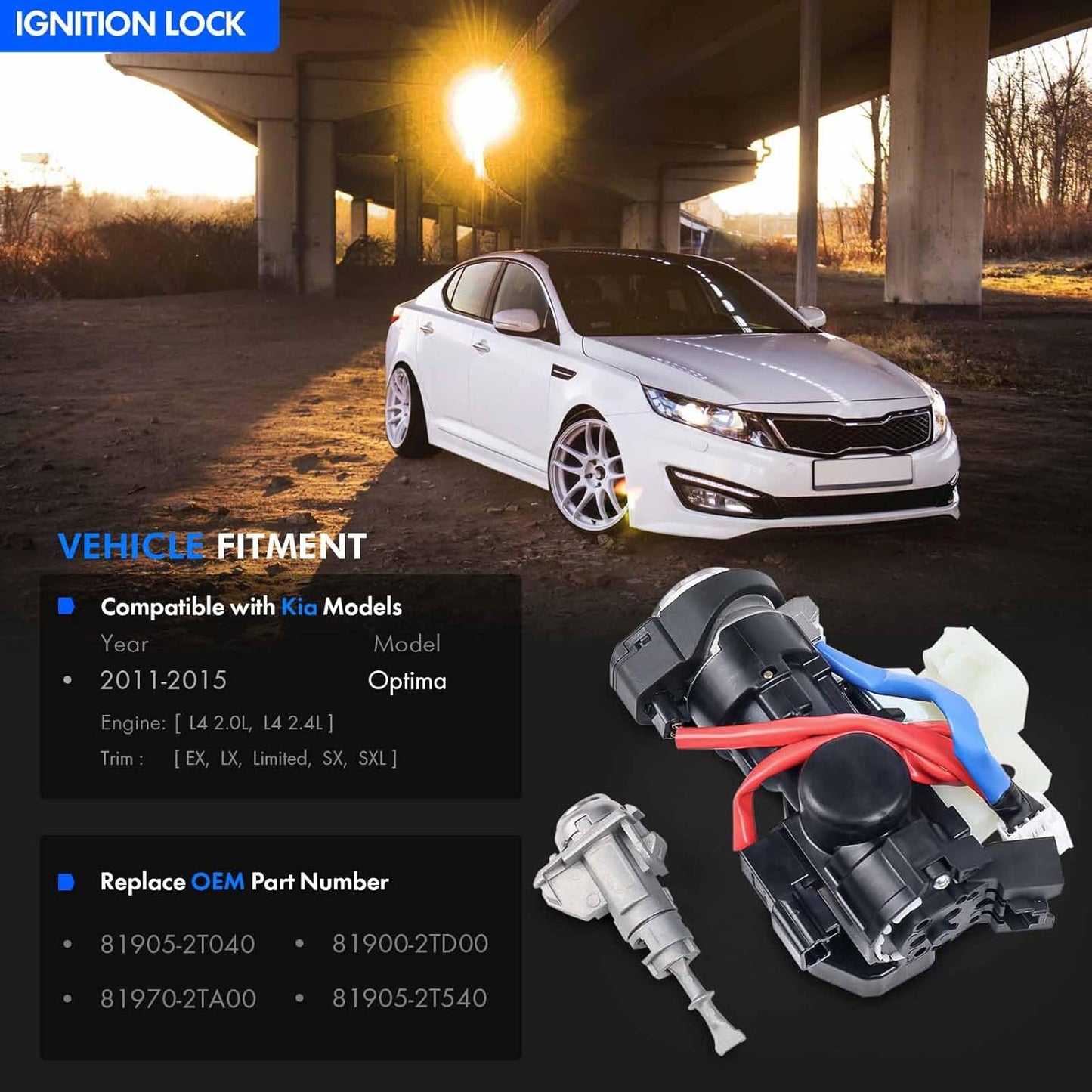 81905-2T040 Ignition Lock Switch Assembly with Door Lock Cylinder & Keys Fit for Kia Optima 2011-2015, Ignition Lock Cylinder with Housing Replace# 81970-2TA00, 81900-2TD00