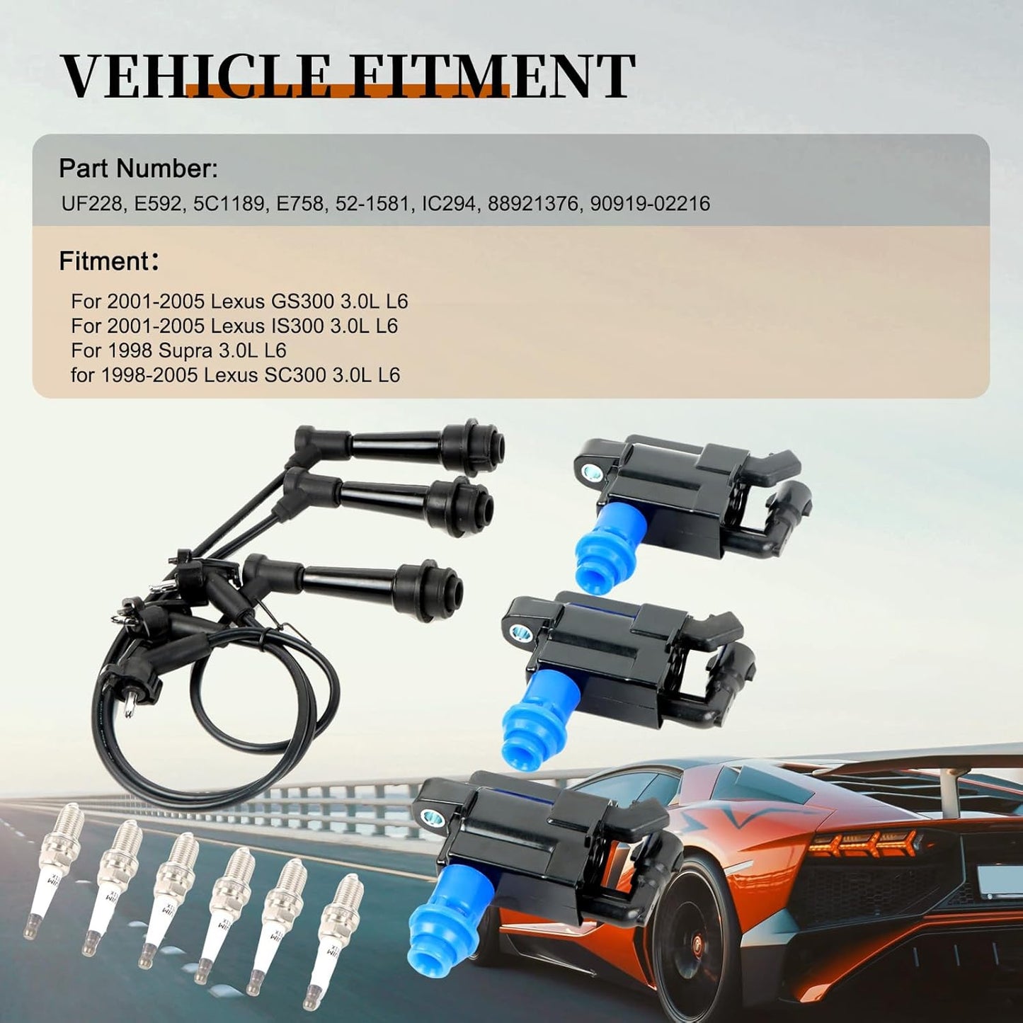 UF228 Ignition Coils & Iridium Spark Plugs & Spark Plug Wires Compatible with Lexus IS300 GS300 Toyota Supra L6 3.0 1998 2001 2002 2003 2004 2005