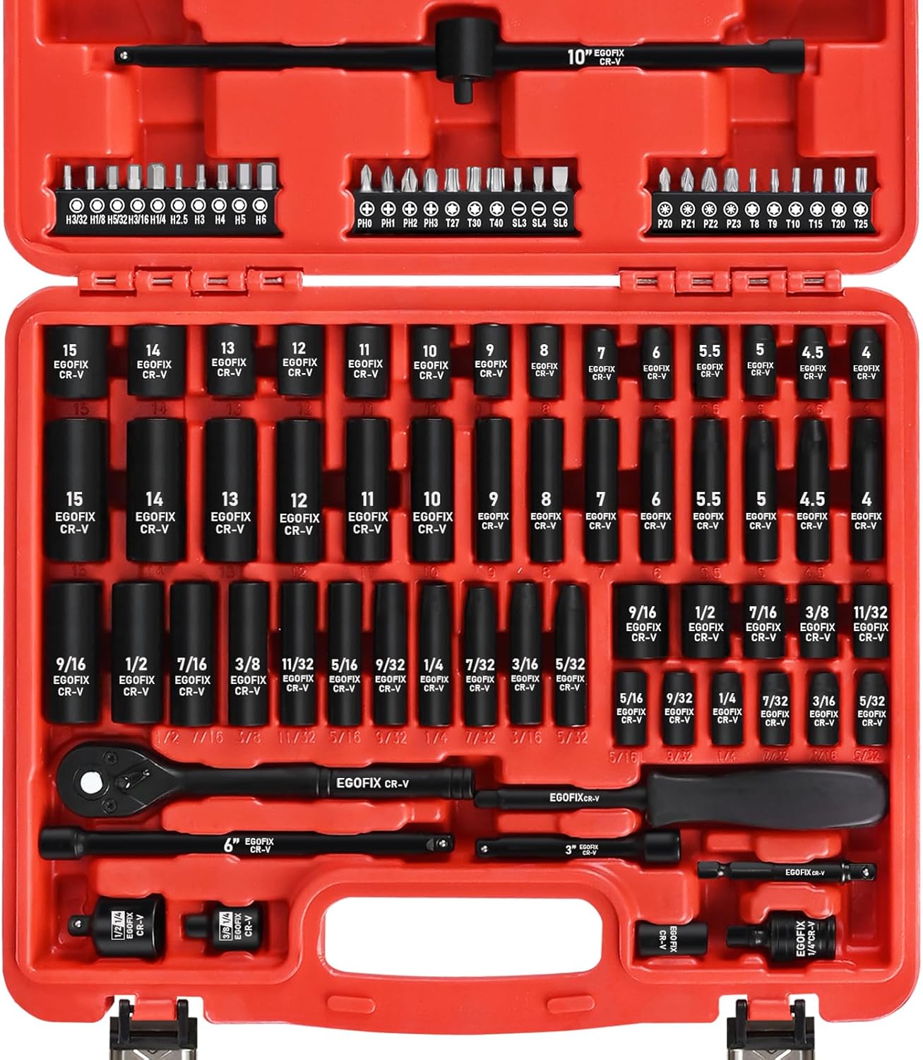 3/8" Drive Impact Socket Set, 50 Piece Standard SAE (5/16 to 3/4 inch) and Metric (8-22mm) 6 Point, with Adjustable Ratchet Handle, Extension Bars, Impact Universal Joint, Adapter, Cr-V Steel