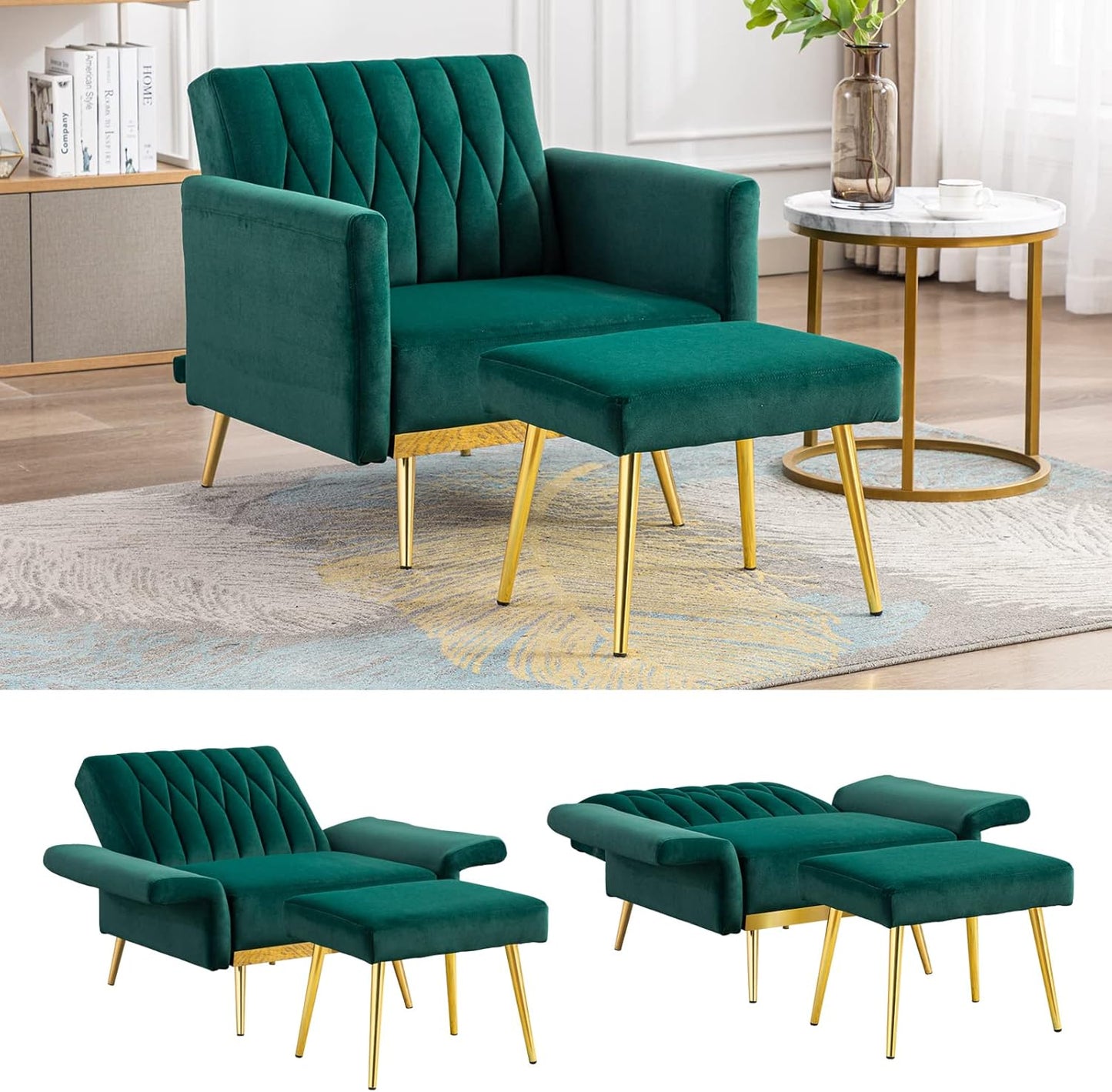 Velvet Accent Chair with Ottoman Modern Upholstered Tufted Armchair, Comfy Single Sofa Chair with Golden Metal Legs and Adjustable Arms for Living Room Bedroom Reading Room Office Pink