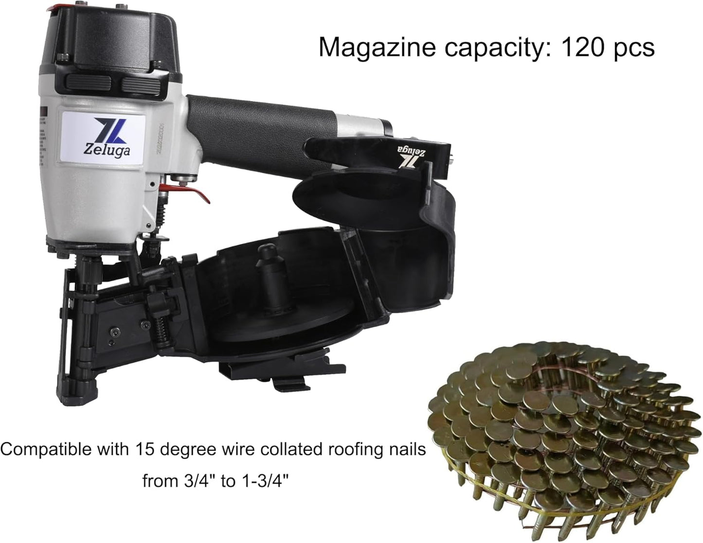 28-145 Pneumatic 15 Degree Coil Roofing Nailer with 120 PCS Load Capacity Coil Nailer Kit with Eye Protection and Repair Kit